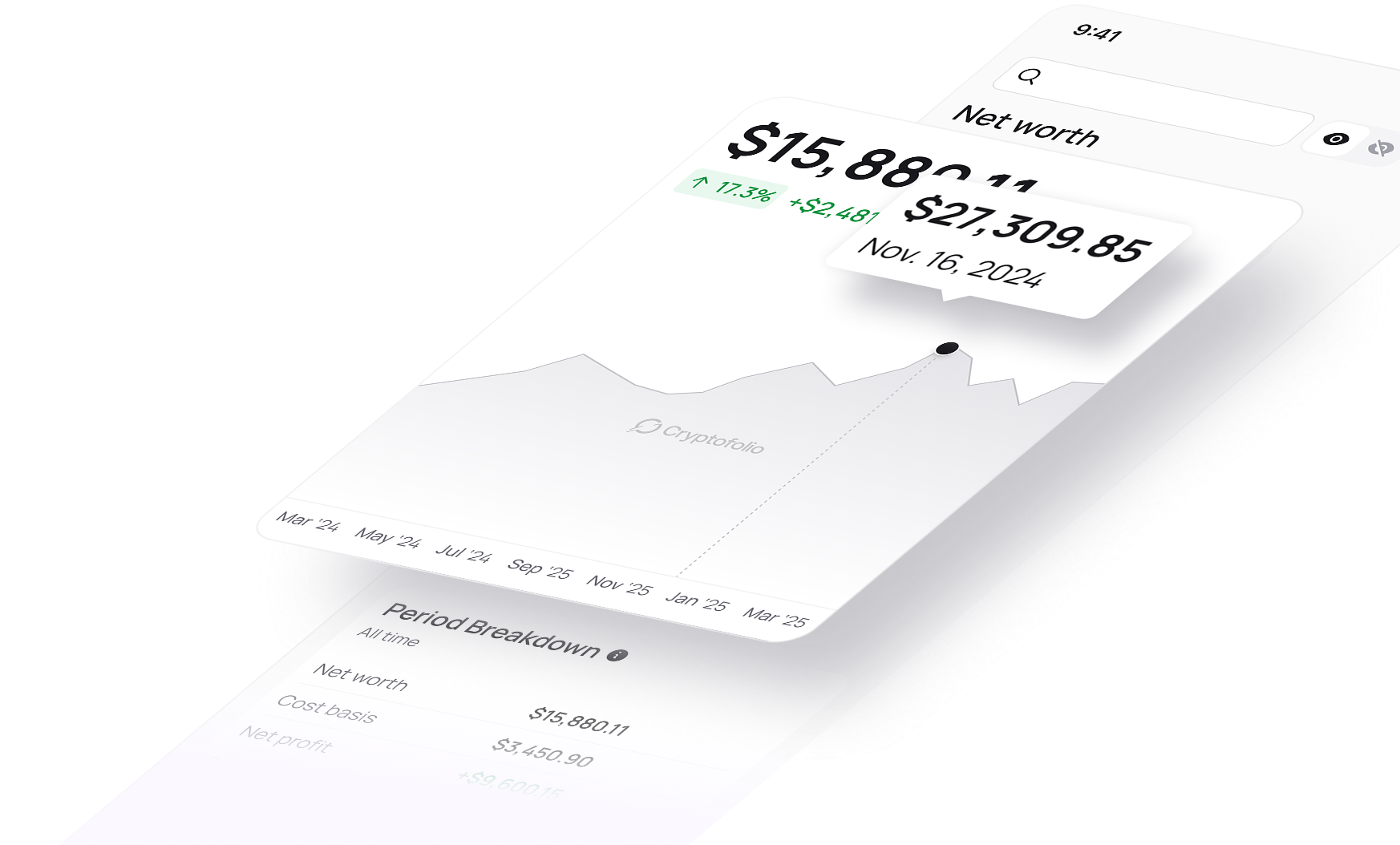 Cryptofolio desktop dashboard with portfolio analytics, cost basis tracking, and real-time crypto prices