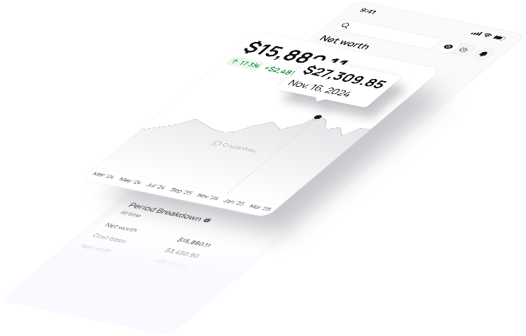 Cryptofolio portfolio dashboard showing net worth, token balances, and P&L tracking across exchanges and wallets